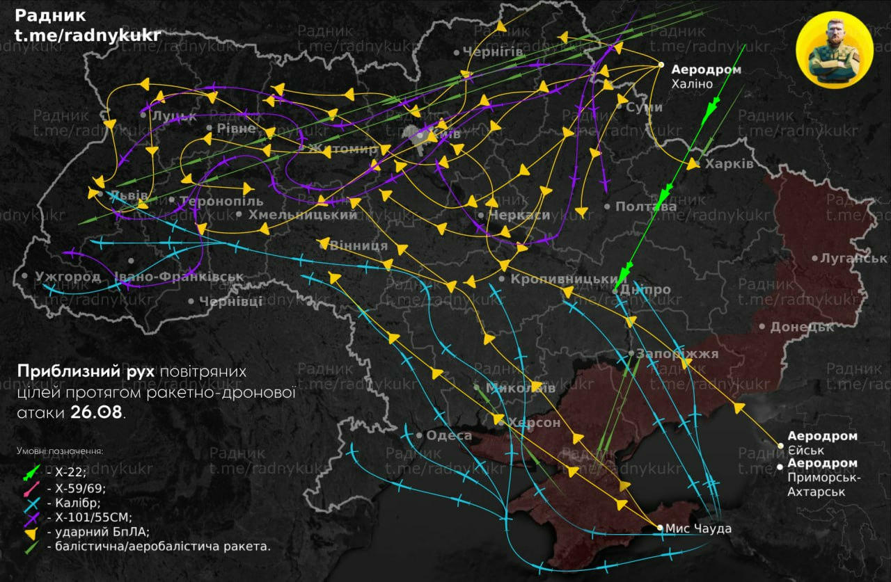 Trajectories of Russian ordnance in mass attack on Monday 26 August 2024